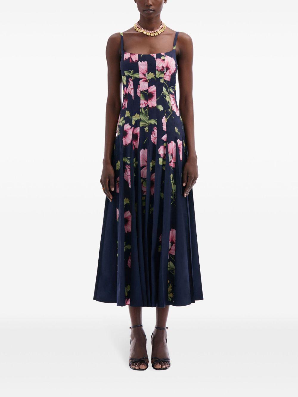 OSCAR DE LA RENTA Poppy Cotton Poplin Inset Dress In Navy Pink Product Image