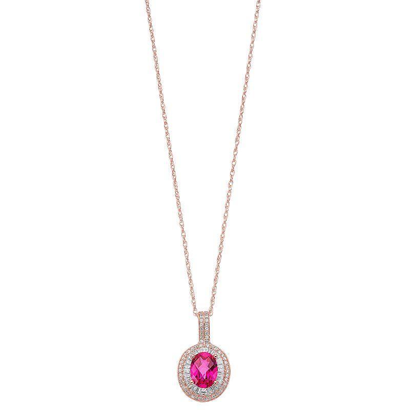 14k Rose Gold Over Silver Lab-Created Ruby & Lab-Created White Sapphire Oval Halo Pendant, Womens Red Product Image