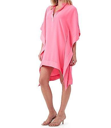 Trina Turk Landmark Silky Satin-Back Crepe Split V-Neck Short Dolman Sleeve Caftan Dress Product Image