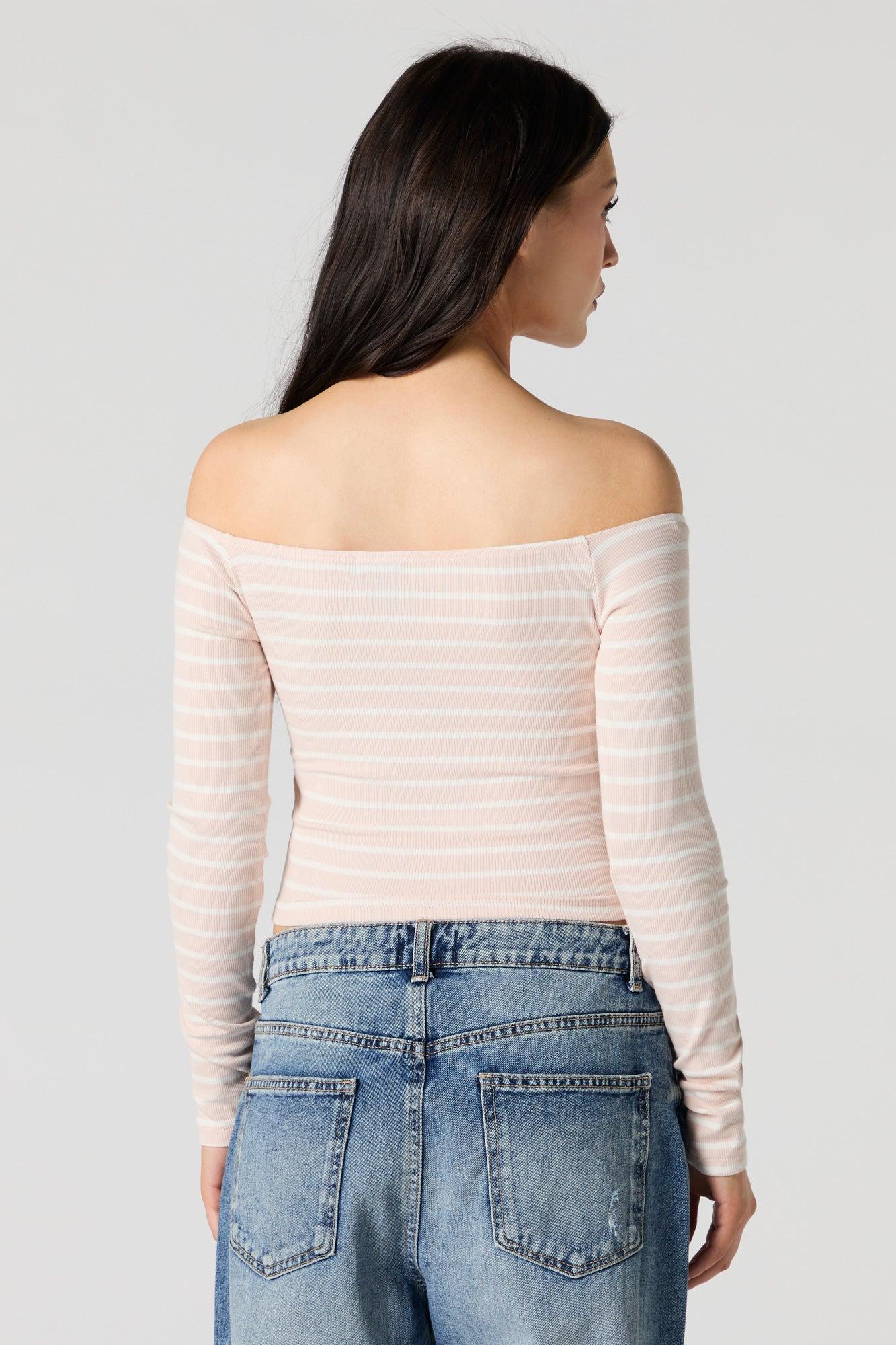 Striped Ribbed Off Shoulder Long Sleeve Top Female Product Image