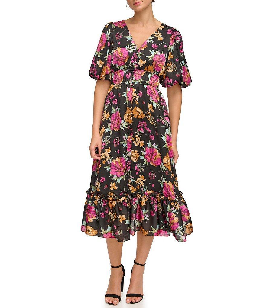 Kensie Floral Print V-Neck Short Puffed Sleeve Flounce Hem Maxi Dress Product Image