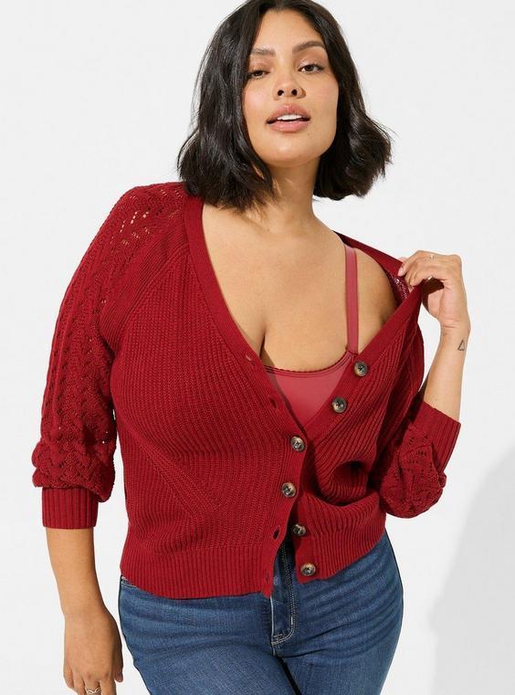 Pointelle Sleeve V-Neck Cardigan Product Image