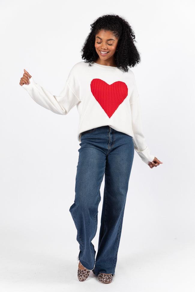 In My Heart Ivory and Red Cable Knit Heart Sweater Product Image