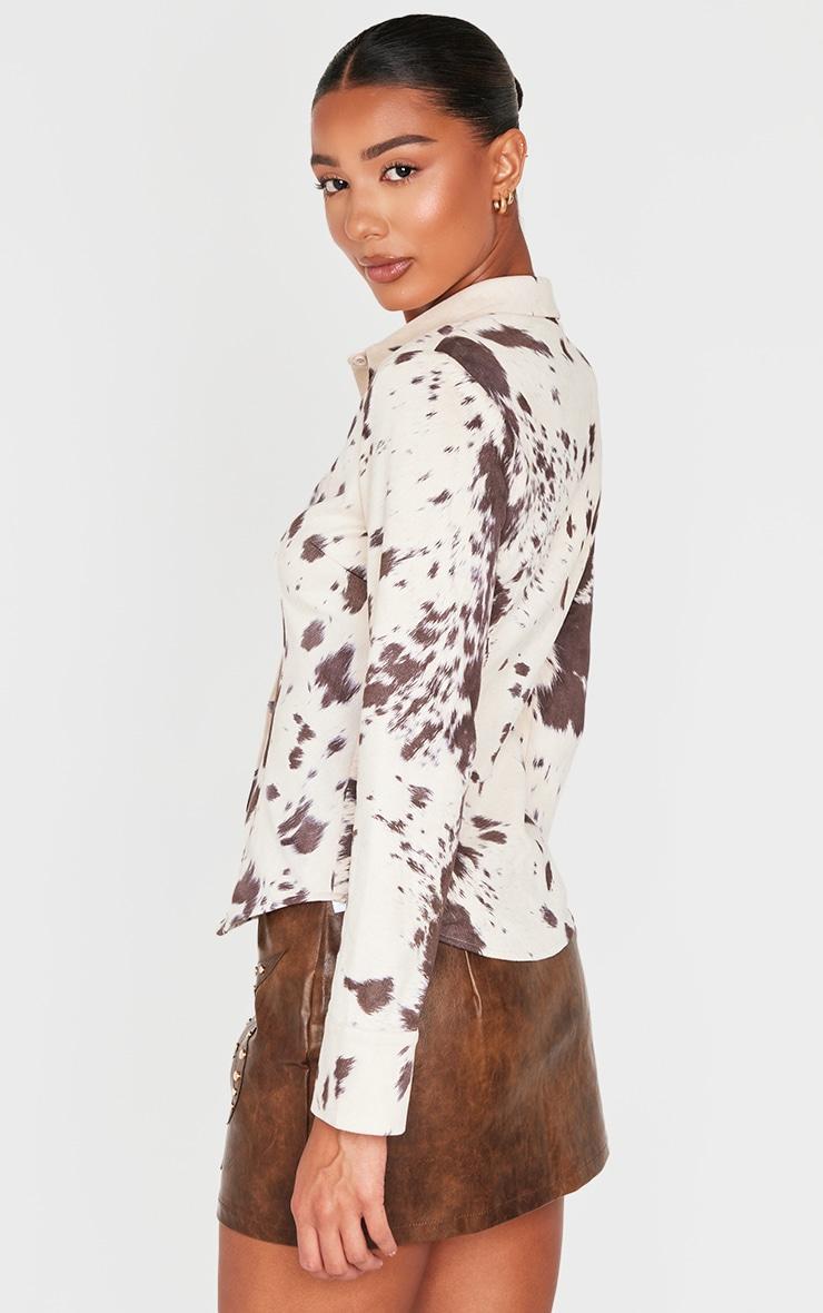 Beige Faux Suede Cow Print Fitted Shirt Product Image