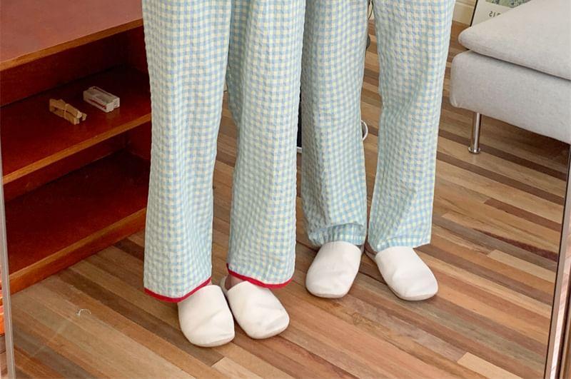 Couple Matching Long Sleeve Square Neck Plaid Bow Pajama Blouse / Collared Shirt / Straight Leg Pants / Pajama Dress / Set (Various Designs) Product Image