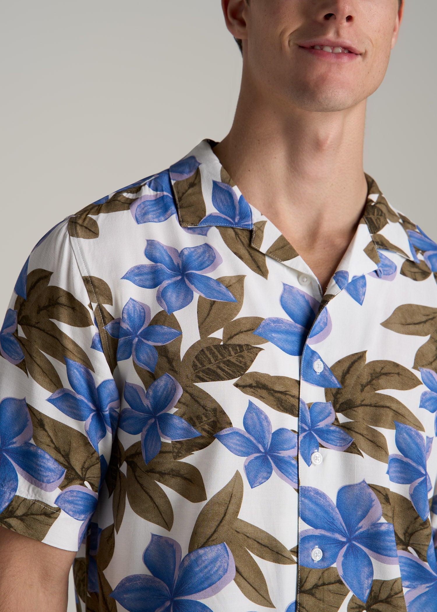 Short Sleeve Resort Shirt for Tall Men in Blue Tropical Print Product Image