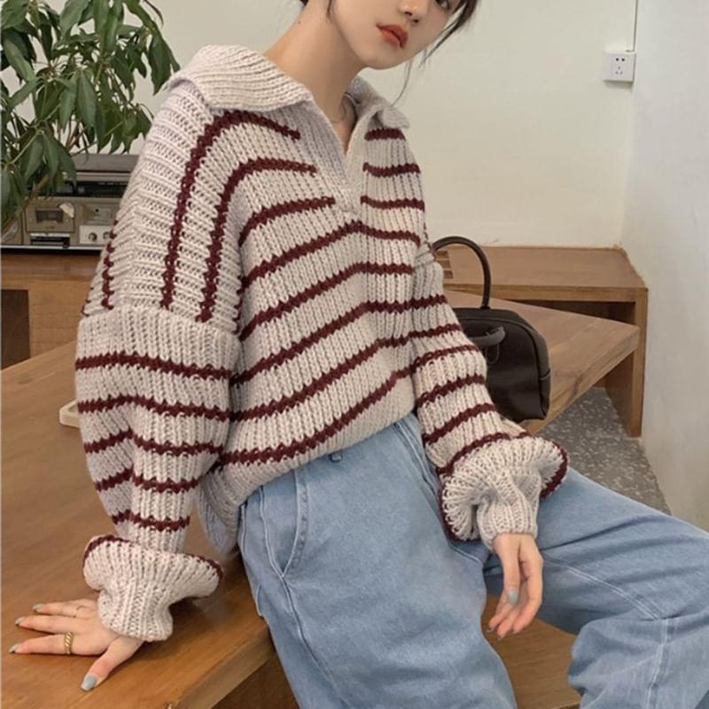 Long Sleeve V-Neck Striped Loose-Fit Polo Sweater Product Image