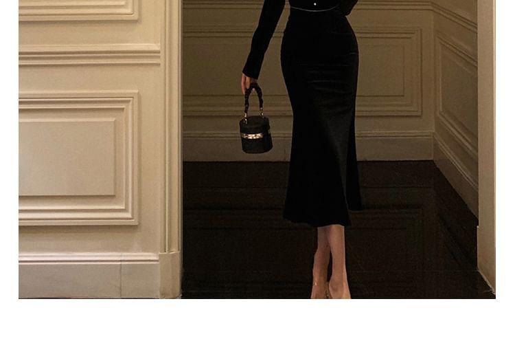 Long-Sleeve Ruffle Trim Velvet Midi Sheath Dress Product Image