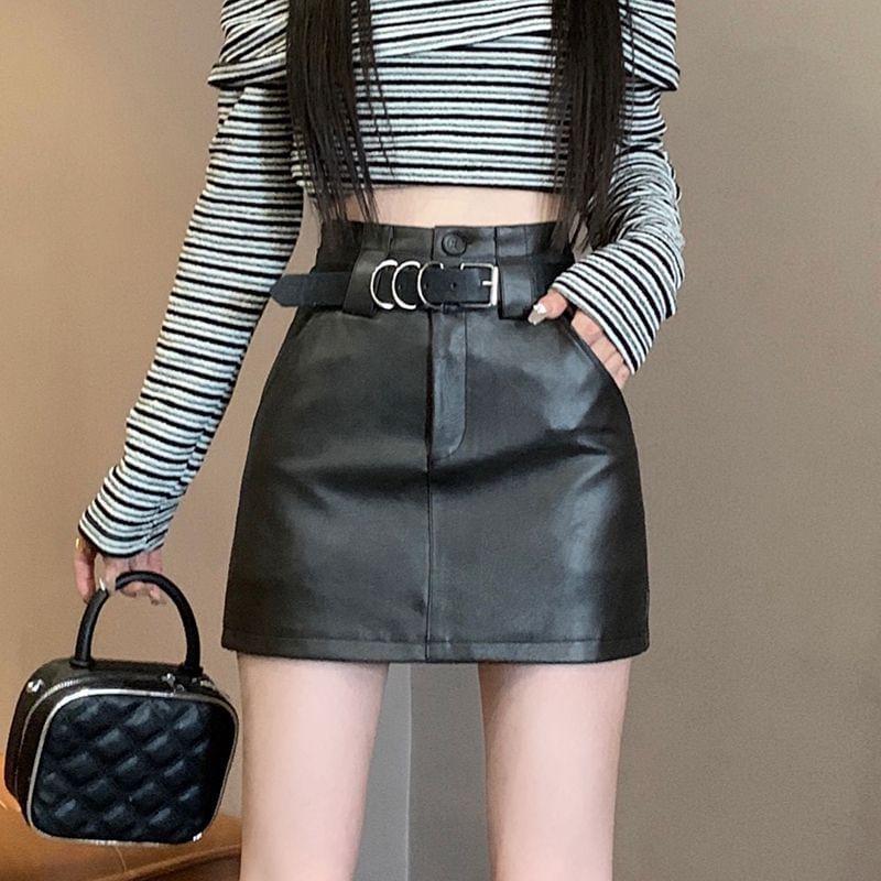 High Rise Plain Faux Leather Mini Pencil Skirt product image