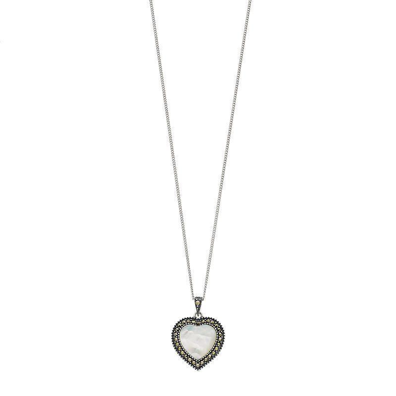 Tori Hill Genuine Marcasite & Mother of Pearl Heart Pendant Necklace, Womens White Product Image