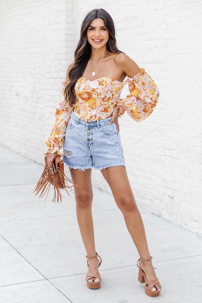 On My Mind Pink And Yellow Multi Printed Off The Shoulder Corset Blouse FINAL SALE Product Image