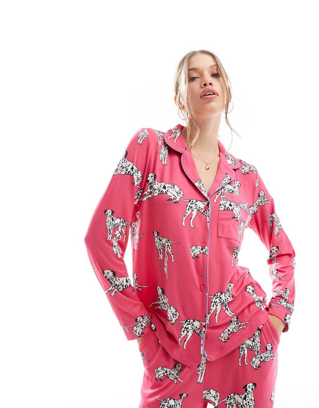 Chelsea Peers Exclusive jersey dalmatian print button top and pants pajama set in hot pink Product Image