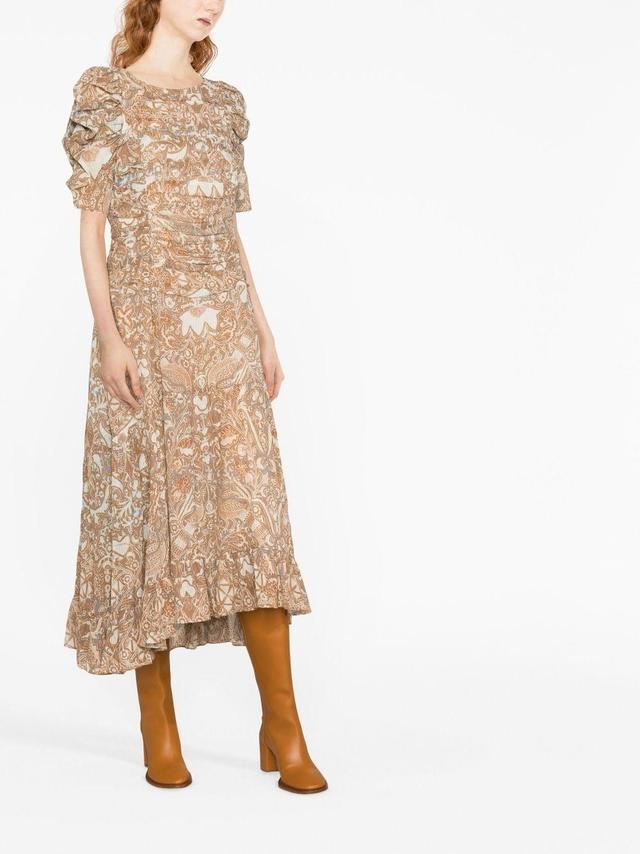 Puff-sleeve Printed Midi Dress In Neutrals Product Image