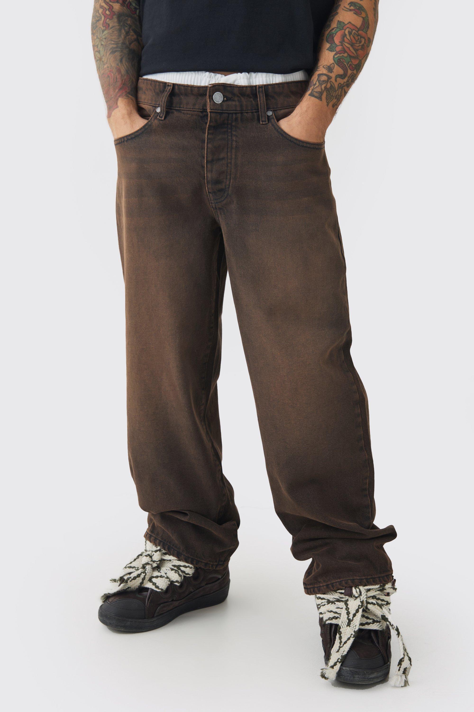 Baggy Rigid Double Waistband Denim Jeans In Brown | boohooMAN USA Product Image