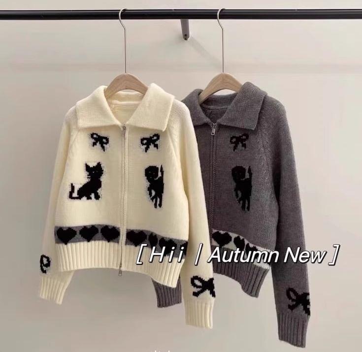 Long Sleeve Bow & Cat Print Loose-Fit Zip-Up Cardigan Product Image