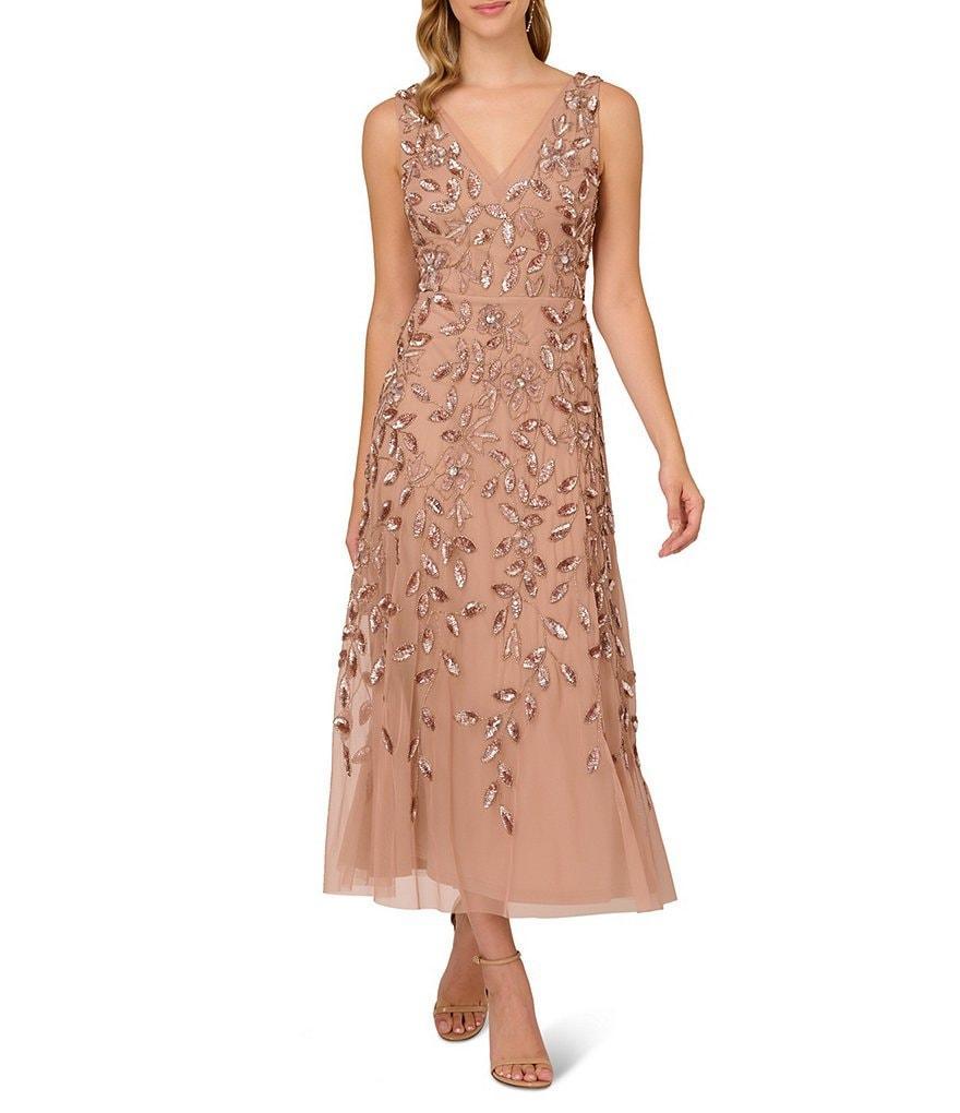 Adrianna Papell Beaded V-Neck Sleeveless A Line Gown Product Image