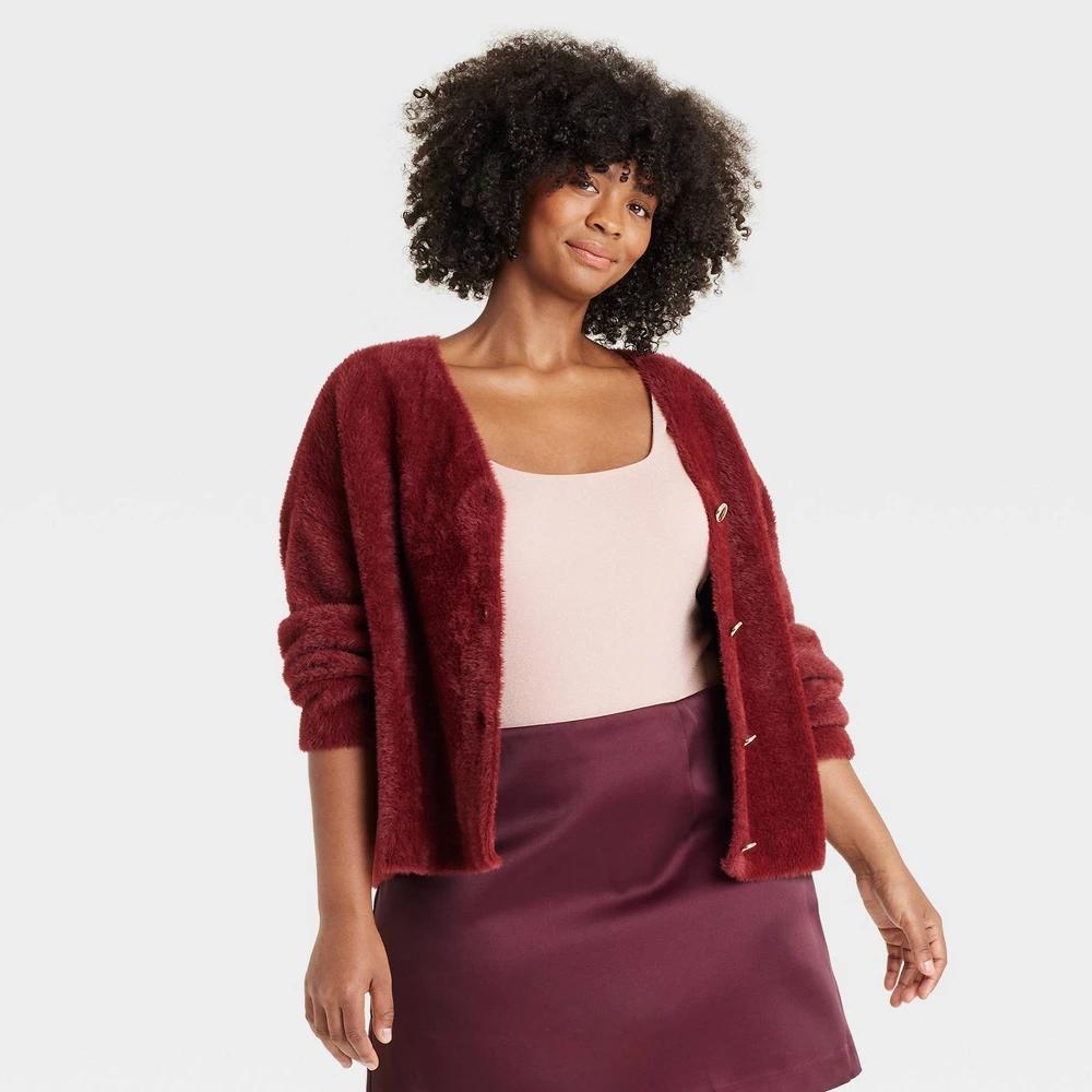 Womens Fuzzy Party Cardigan - A New Day Burgundy XXL product image