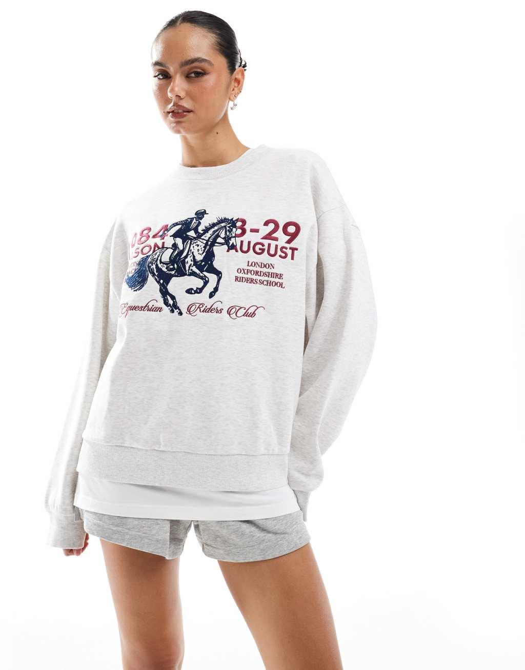 ASOS DESIGN oversized sweat with horse graphic in ice heather Product Image