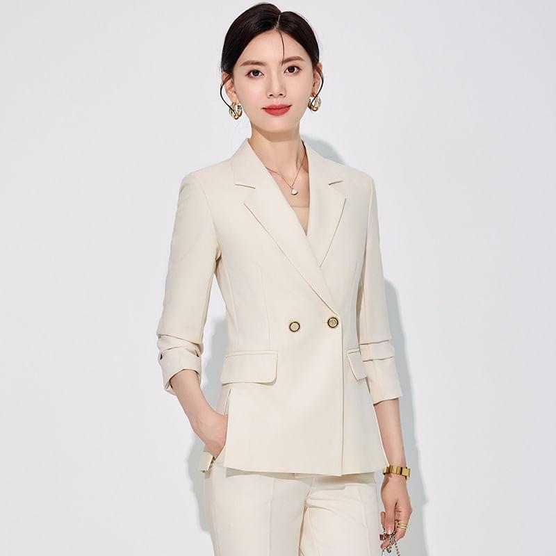 Lapel Collar Plain Double Breasted Blazer / Mid Rise Plain Slacks Product Image