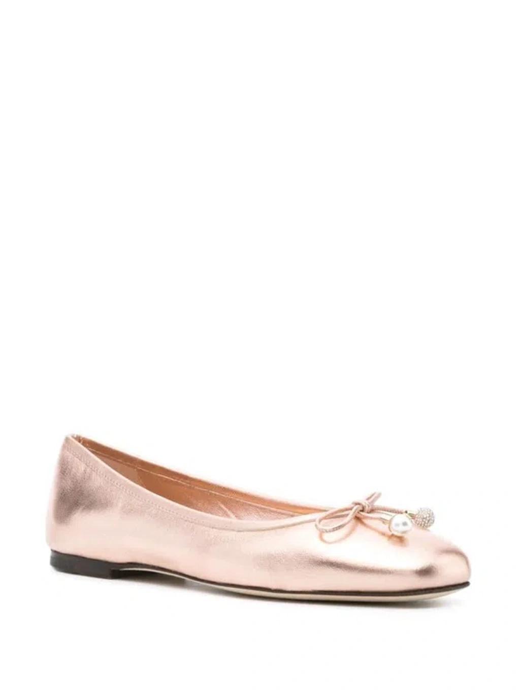 Powder Pink Metallic Leather Ballet Flats With Bow Detailing And Square Toe Product Image