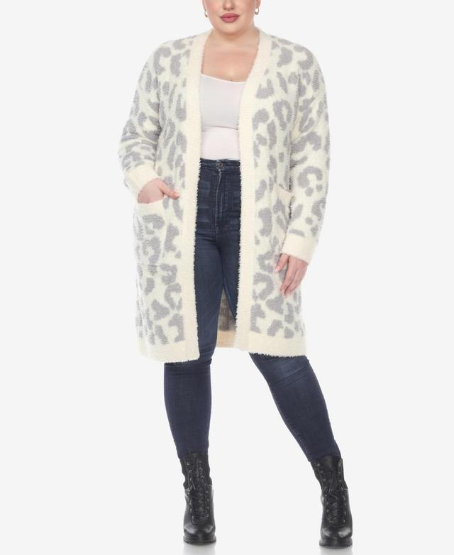 White Mark Plus Size Leopard Print Open Front Sherpa Sweater Product Image