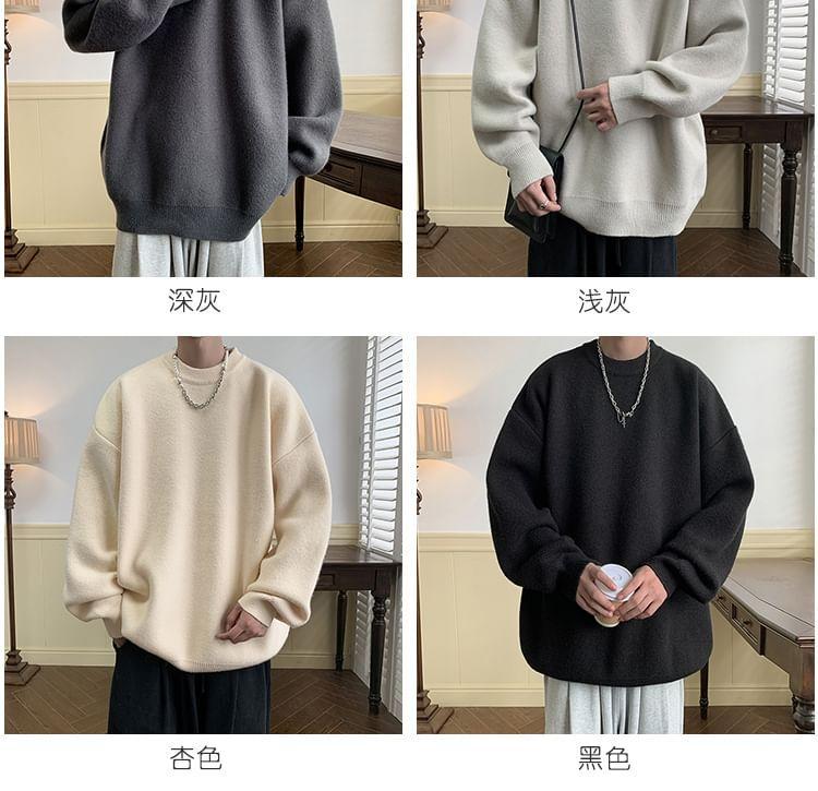 Long-Sleeve Crew Neck Plain Sweater Product Image