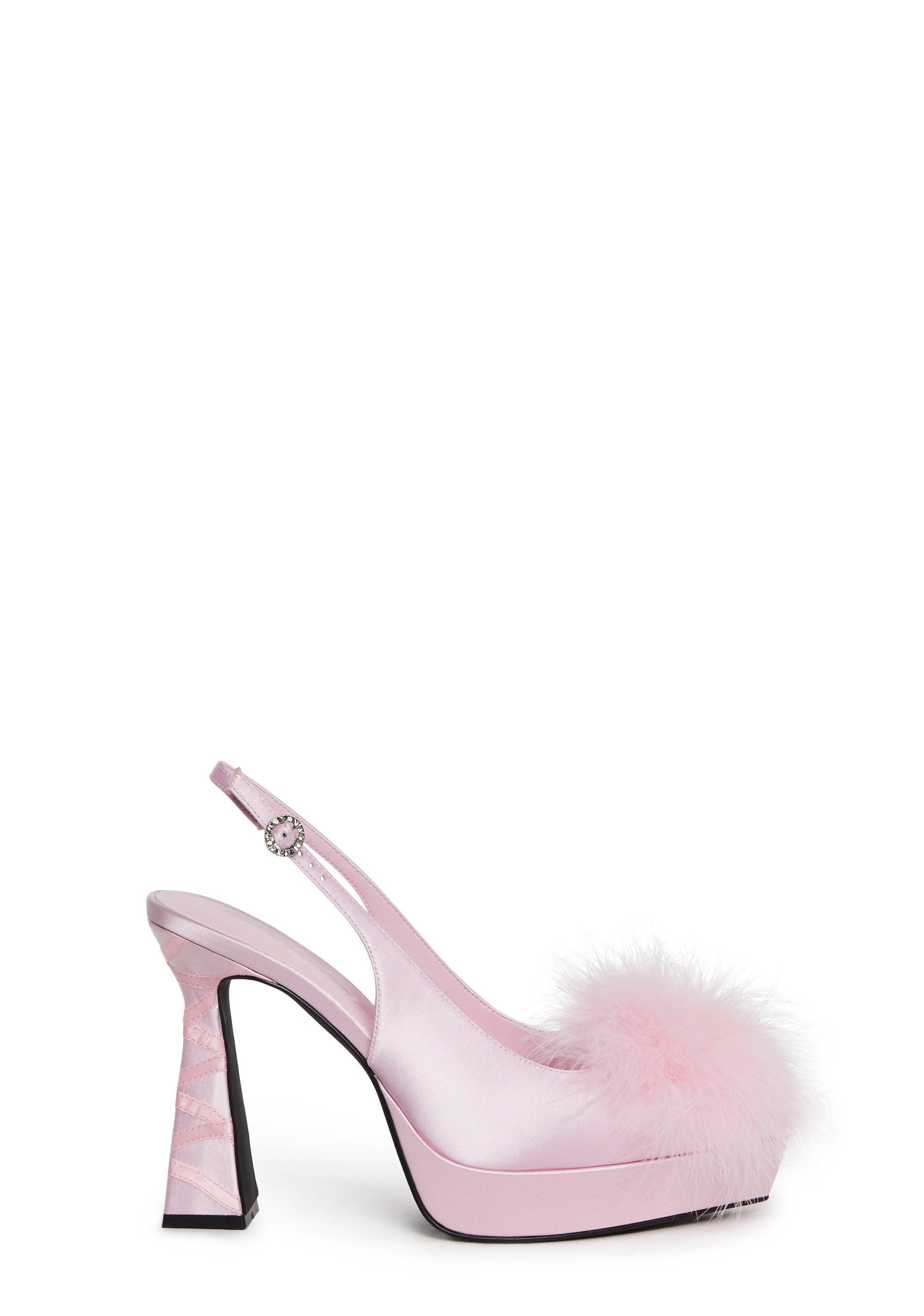 Satin Marabou Feather Ribbon Lace-Up Pointed Toe Heels Sugar Thrillz - Pink Product Image