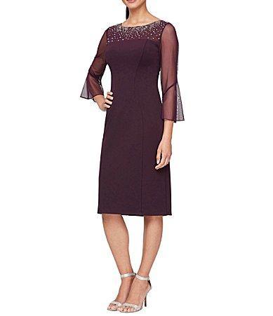 Alex Evenings Stretch Crepe Beaded Illusion Round Neck 34 Bell Sleeve Sheath Dress Product Image