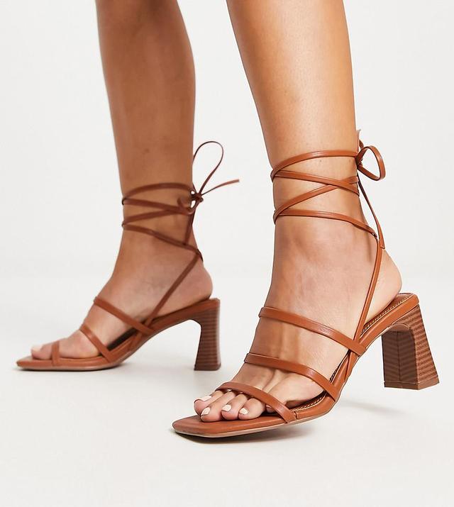 ASOS DESIGN Wide Fit Hidden strappy tie leg mid heeled sandals in tan Product Image