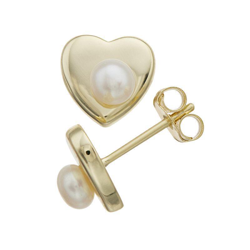 14k Gold Over Sterling Silver Freshwater Cultured Pearl Heart Stud Earrings, Womens, Gold Tone Product Image