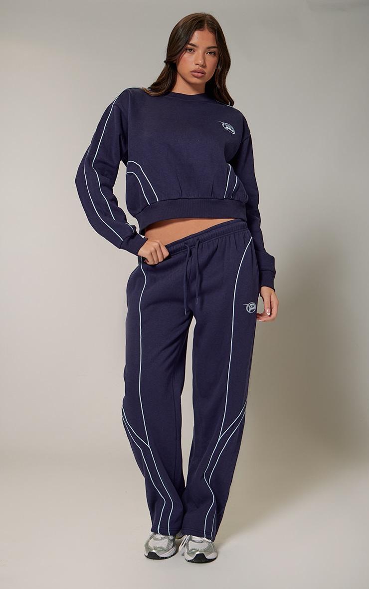 PRETTYLITTLETHING Navy Embroidered Contrast Piping Straight Leg Sweatpants product image