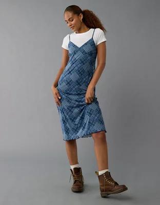 AE Mini Mesh V-Neck Plaid Midi Slip Dress Product Image