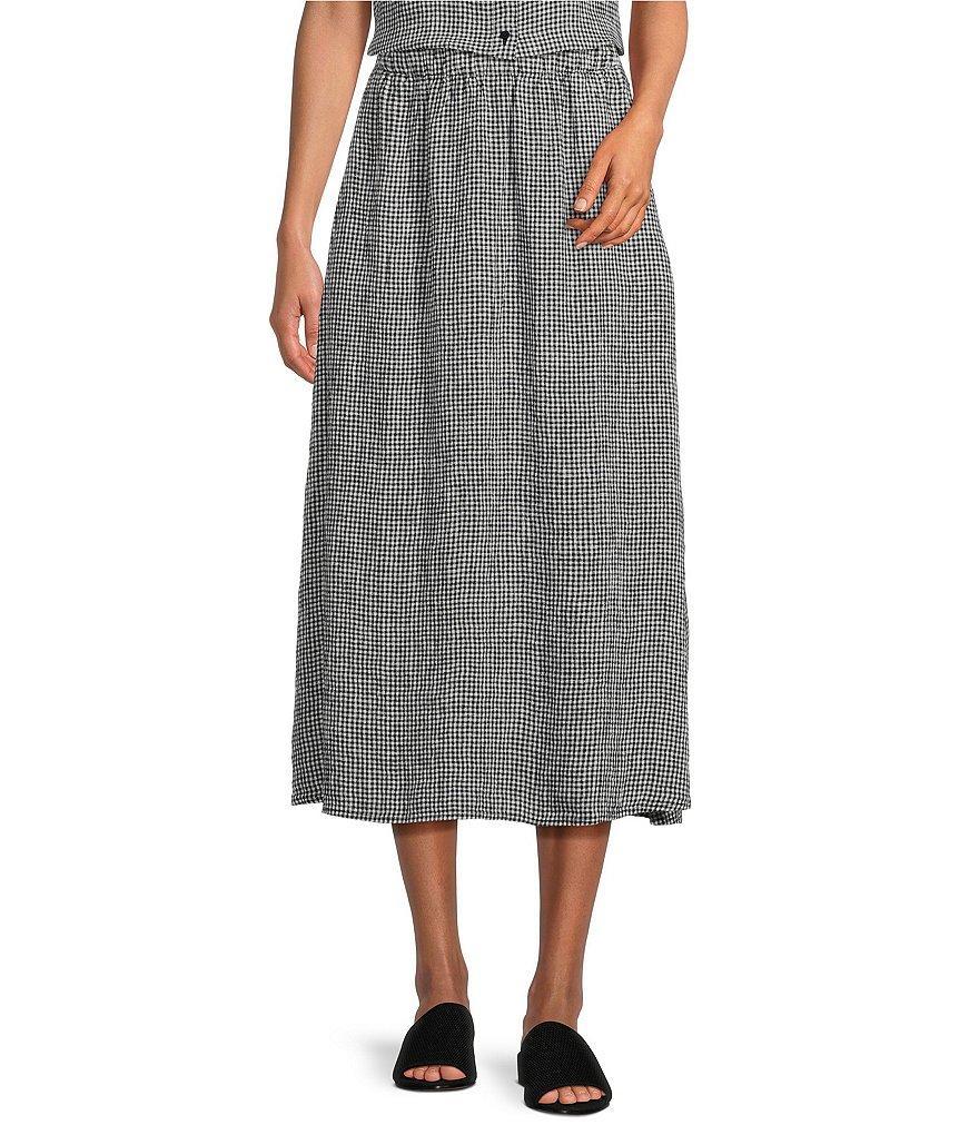 Eileen Fisher Puckered Check Organic Linen Elastic Waist A-Line Gathered Midi Skirt Product Image