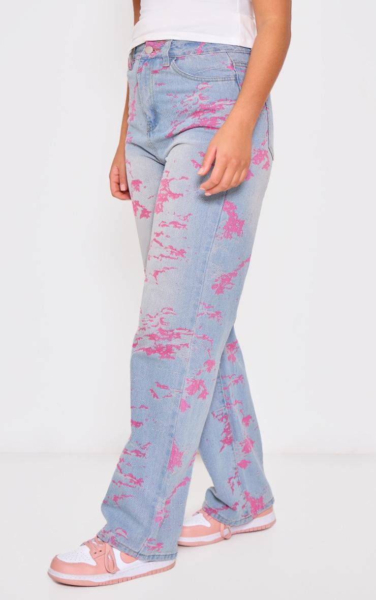 Blue Pink Print Wide Leg Baggy Denim Jeans Product Image