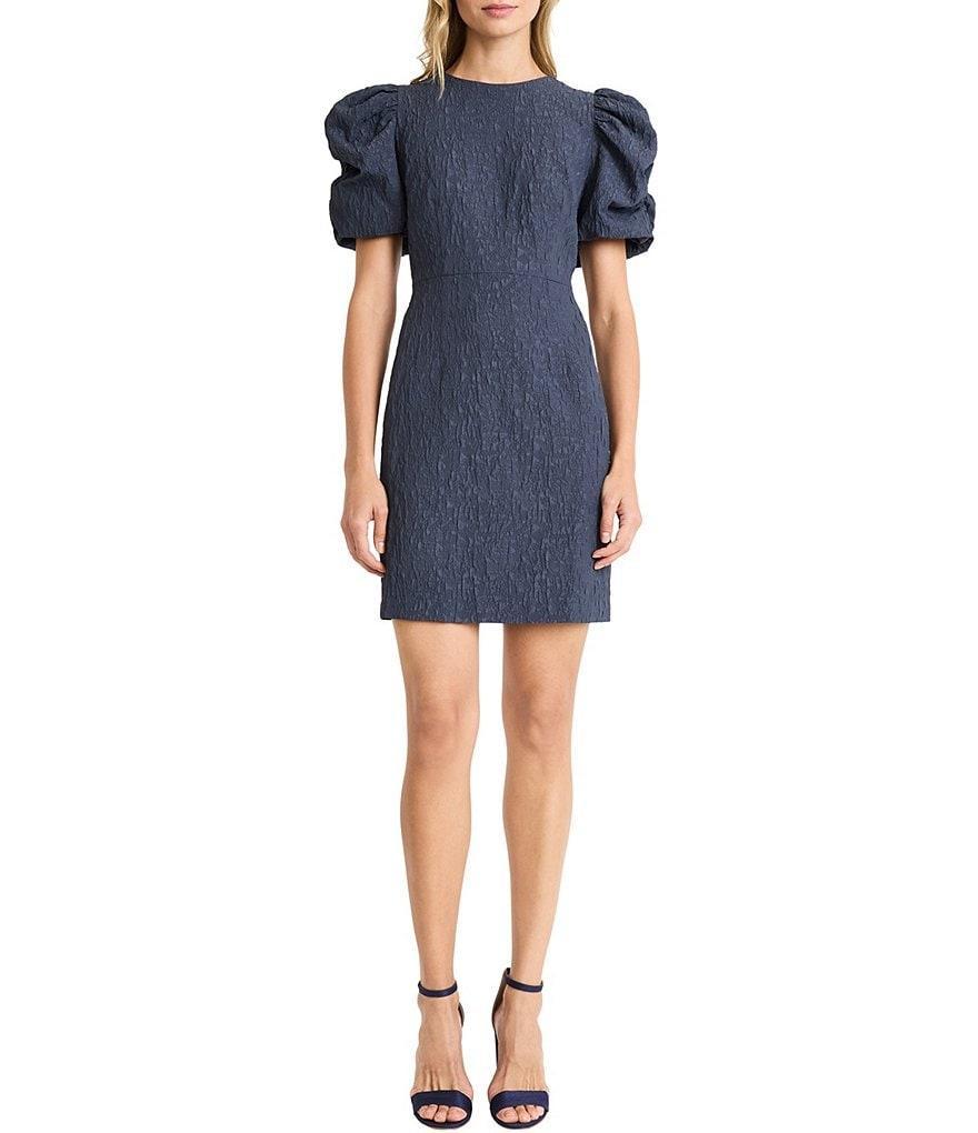 Donna Morgan Creased Knit Crew Neck Short Puff Sleeve Mini Dress Product Image