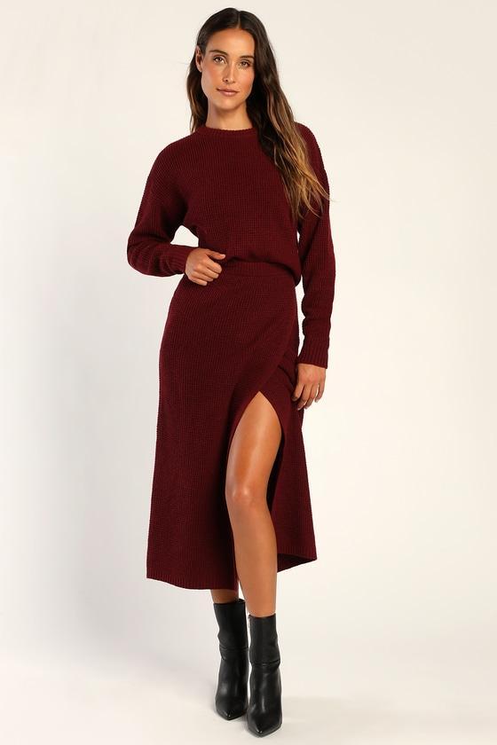 Autumn Sweetheart Burgundy Waffle Knit Two-Piece Sweater Dress Product Image