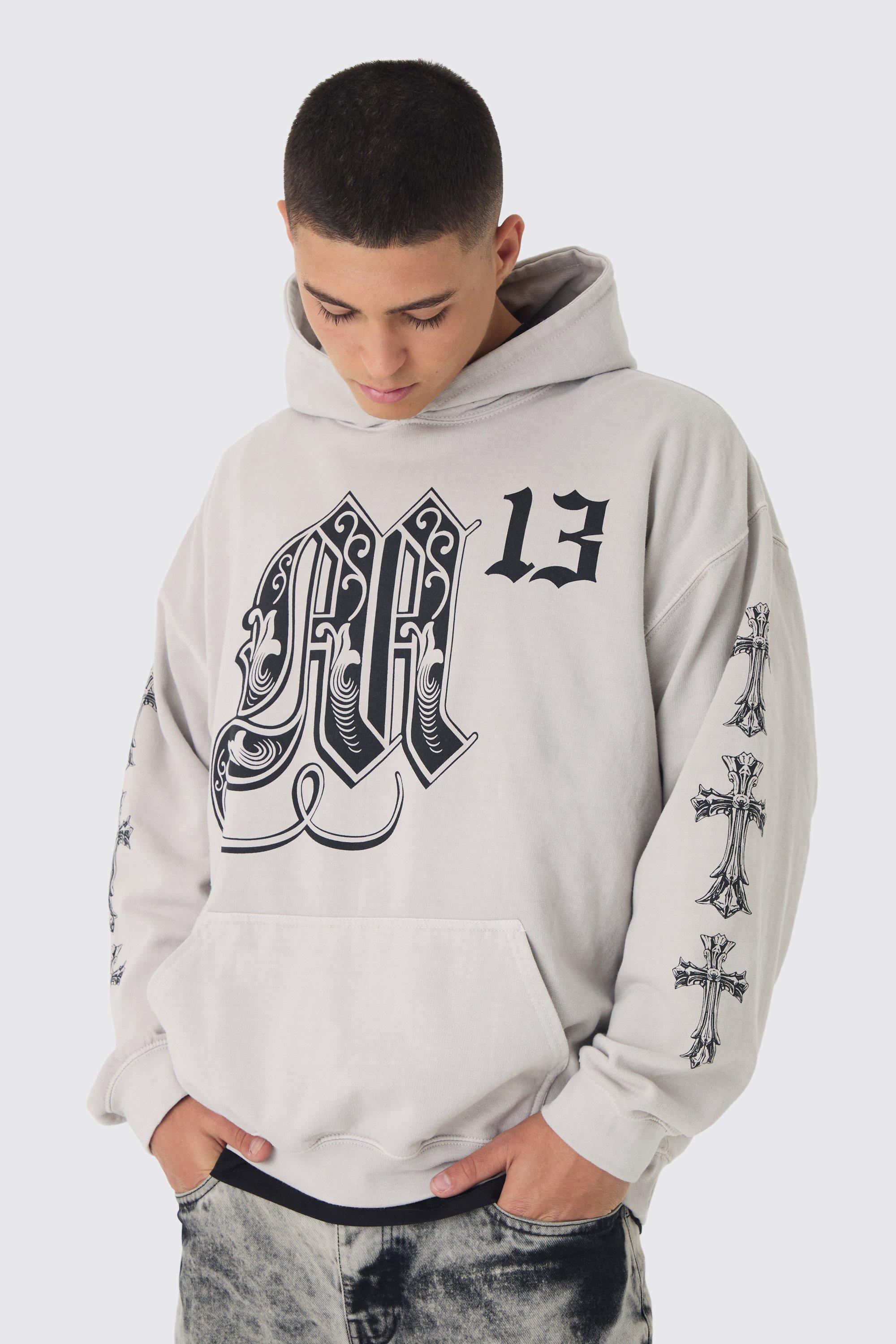 Oversized Washed Cross Print Hoodie | boohooMAN USA Product Image