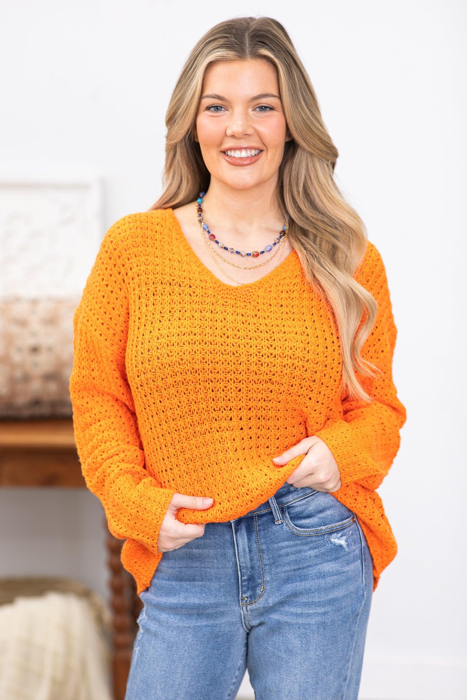 Orange Knitted V-Neck Sweater Product Image