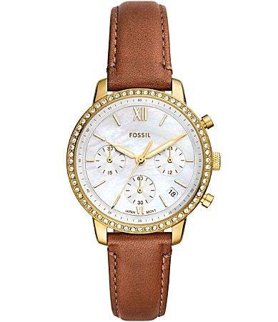 Fossil Womens Chronograph Crystal Embellished Medium Brown Leather Watch Product Image