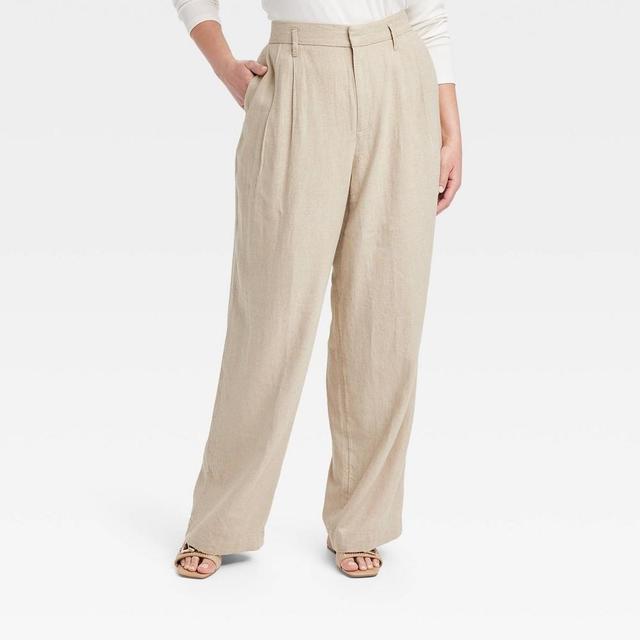 Womens High-Rise Linen Pleat Front Straight Pants - A New Day Tan 17 Long Product Image