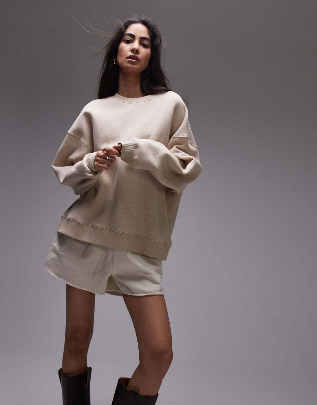 Topshop premium seam detail sweat in oat heather Product Image