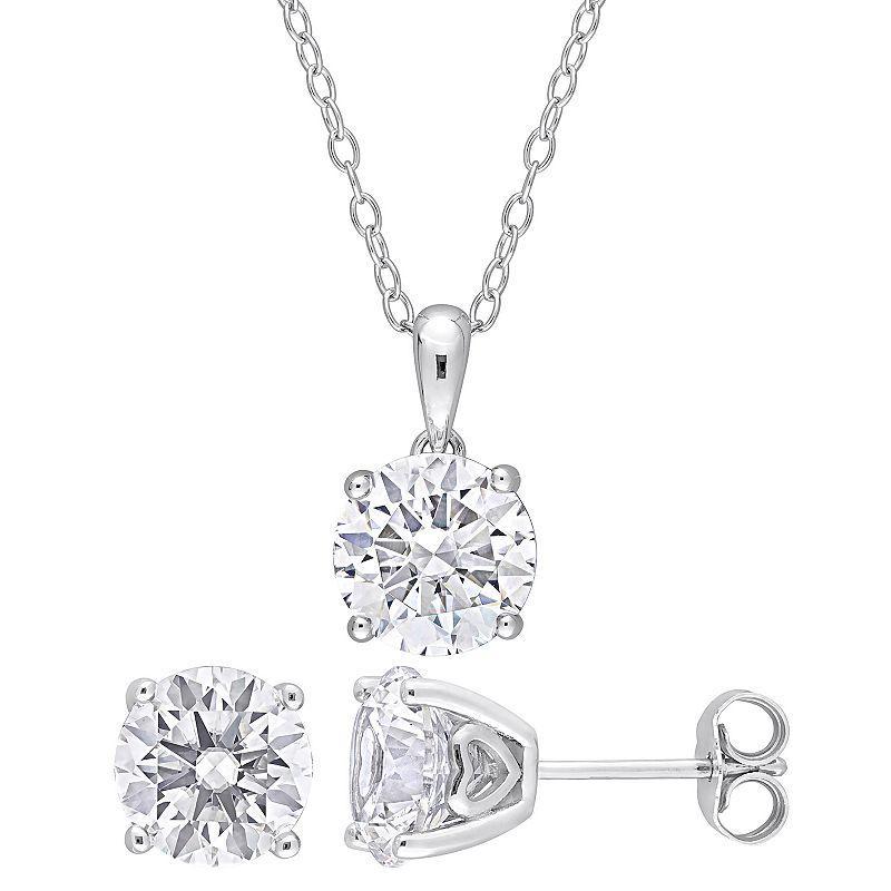 Stella Grace Sterling Silver Lab-Created White Sapphire Round Solitaire Pendant & Earring Set, Womens Product Image