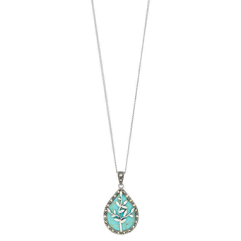 Tori Hill Sterling Silver Simulated Turquoise & Marcasite Teardrop Tree Pendant, Womens Product Image