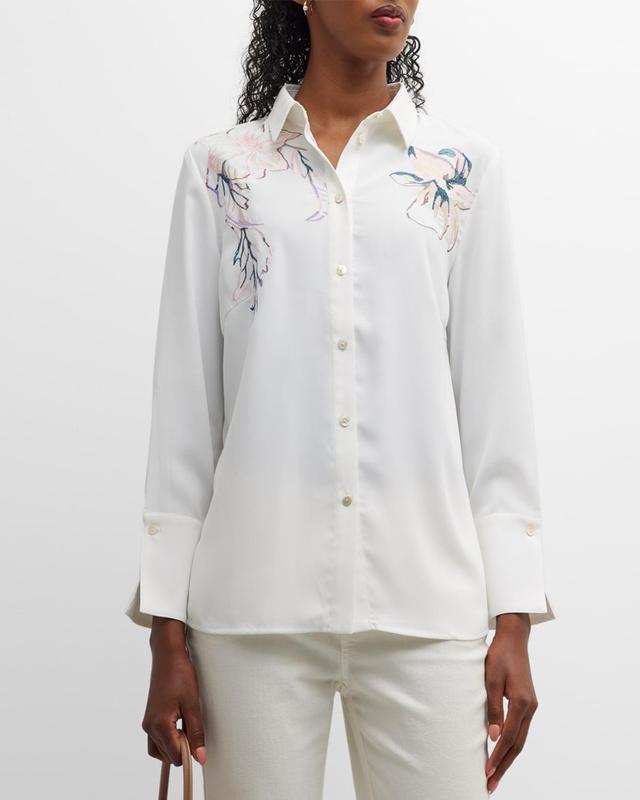 Misook Crepe De Chine Button-Front Blouse with Floral Embroidery - Size: X-SMALL - WHITE/ROSE PETAL/ Product Image