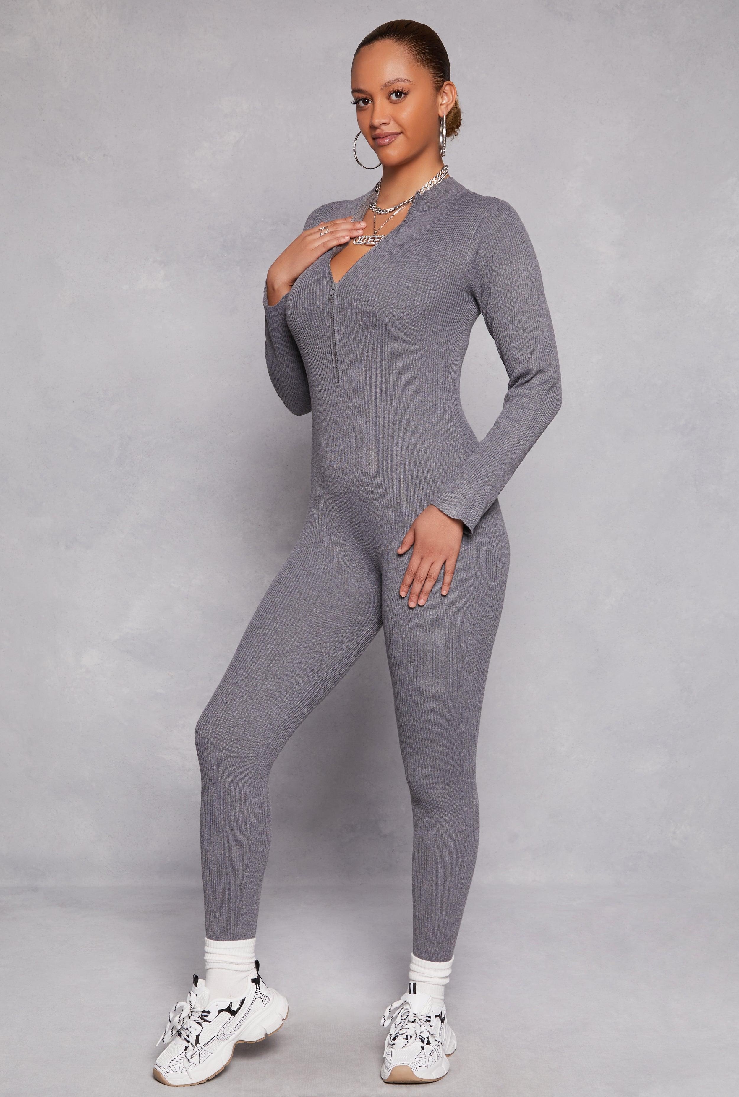 Womens Ribbed Knit Zip Front Long Sleeve Catsuit Product Image