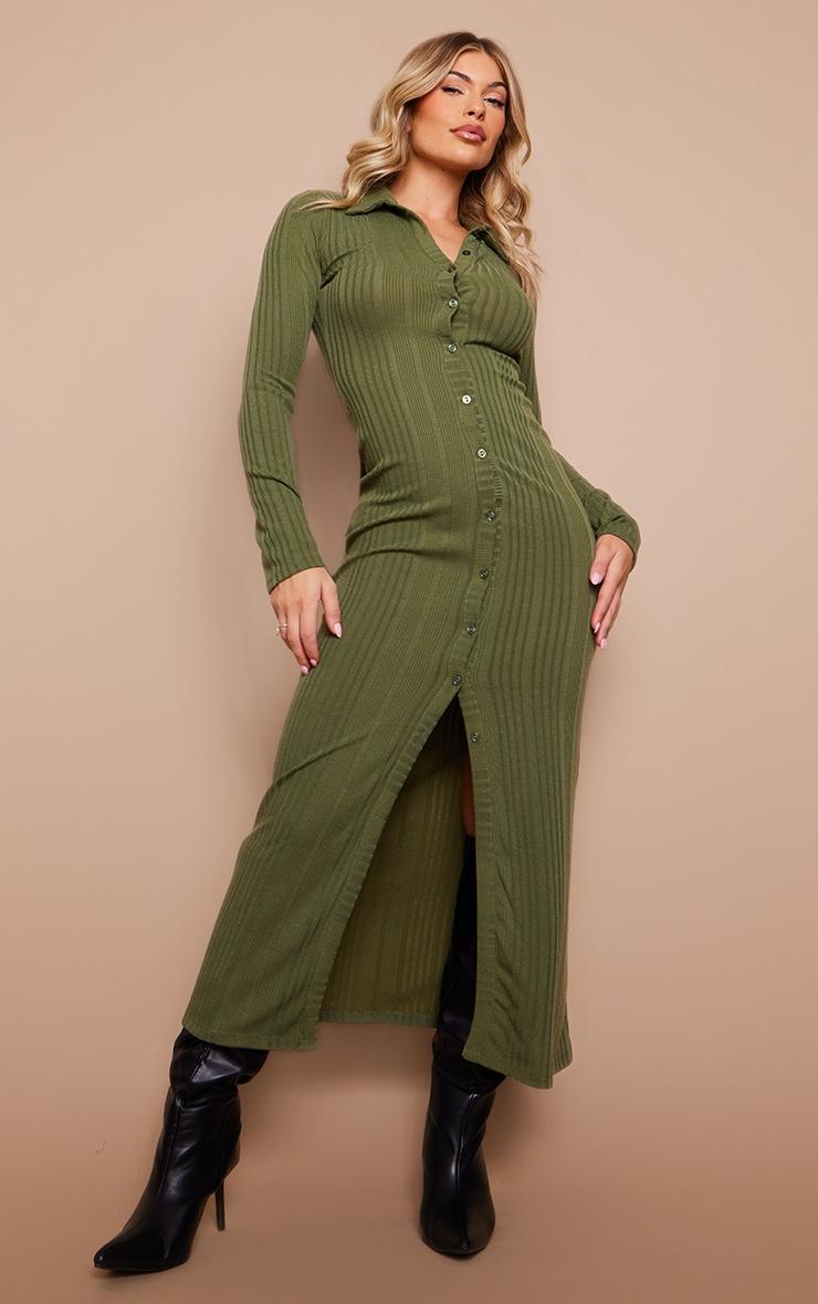 Khaki Ribbed Button Long Sleeve Midaxi Dress Product Image