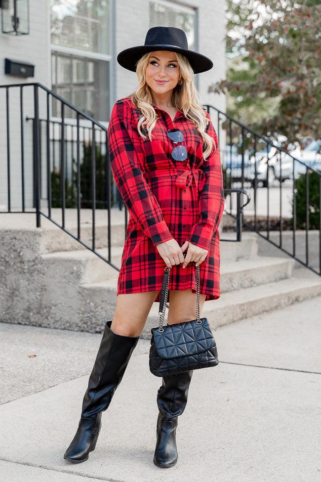 So Plaid You're Mine Red and Black Plaid Collared Button Up Belted Mini Dress FINAL SALE Product Image