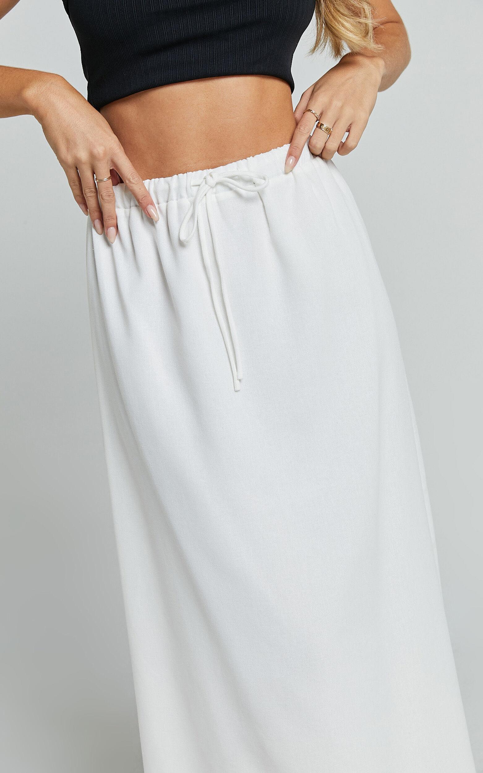 Bree Midi Skirt - Tie Waist Linen Look A Line Skirt in White Product Image