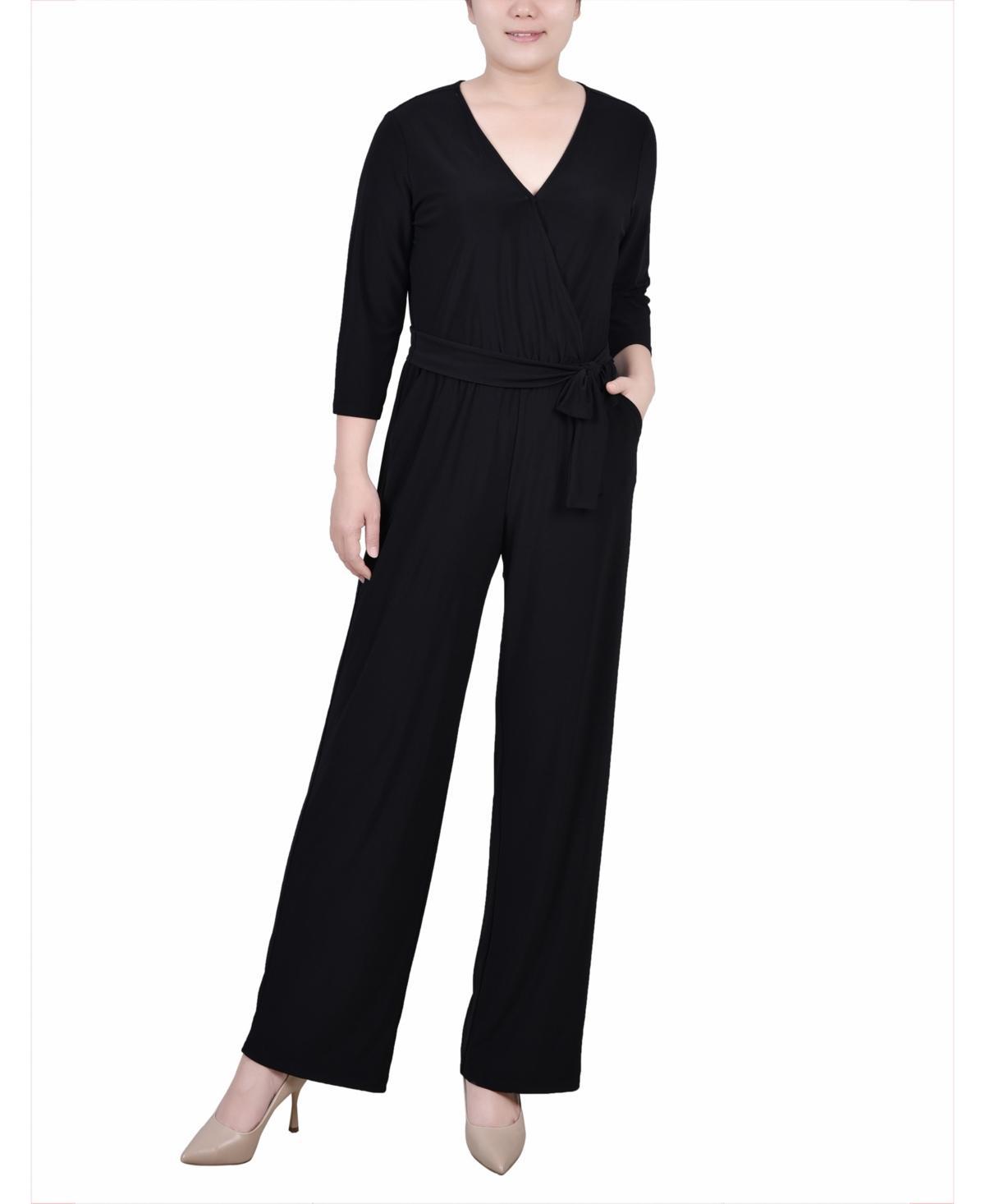 Ny Collection Petite Short 3/4 Sleeve Belted Wide Leg Jumpsuit Product Image