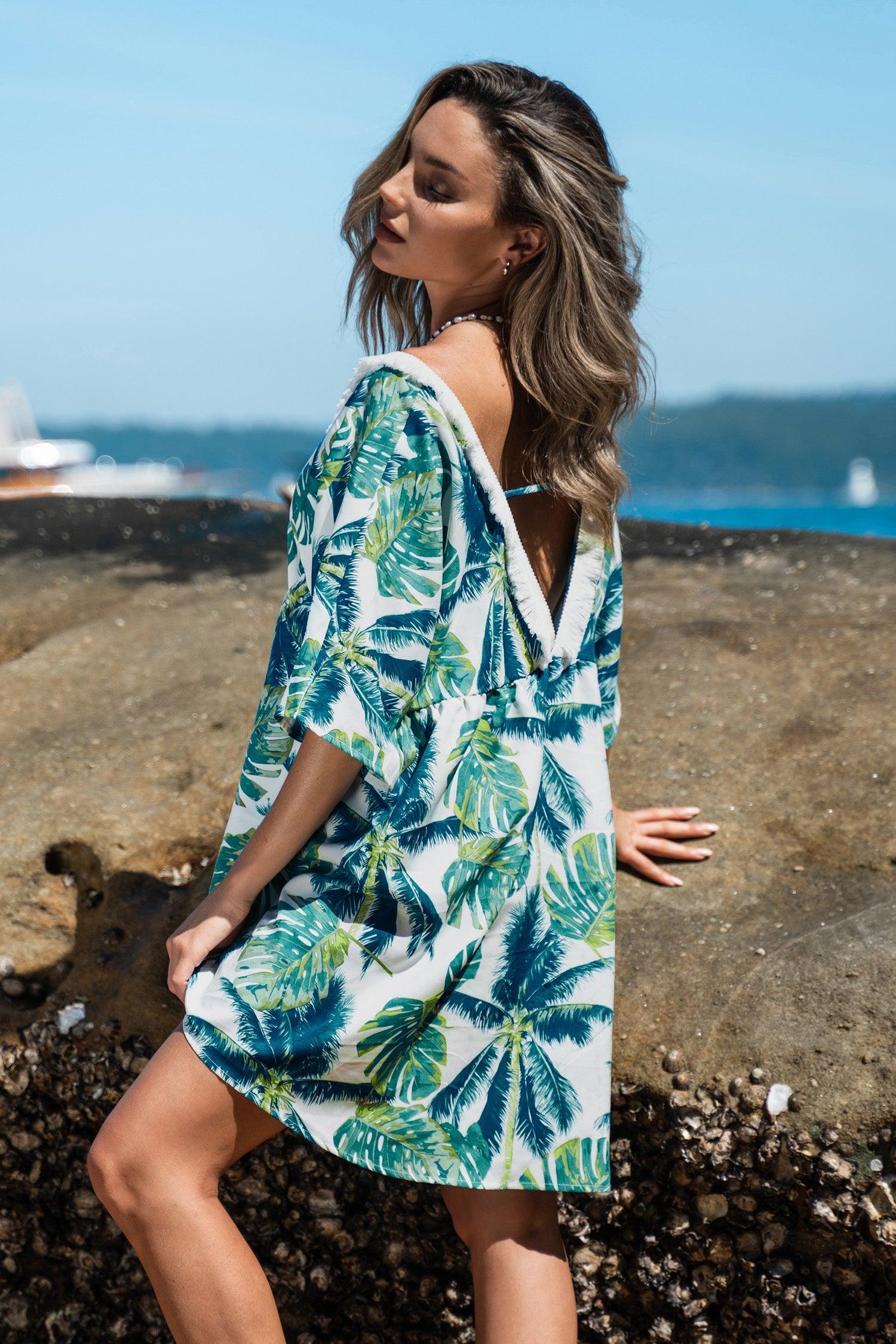 Tropical Leaf Print V-neck Cover-Up Dress Product Image